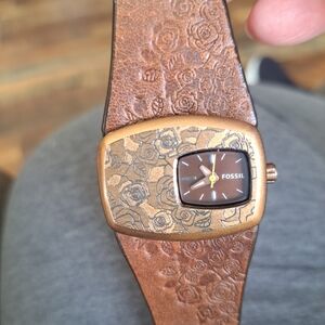 Fossil Bronze-Tone Floral Engraved Brown Leather Cuff Watch